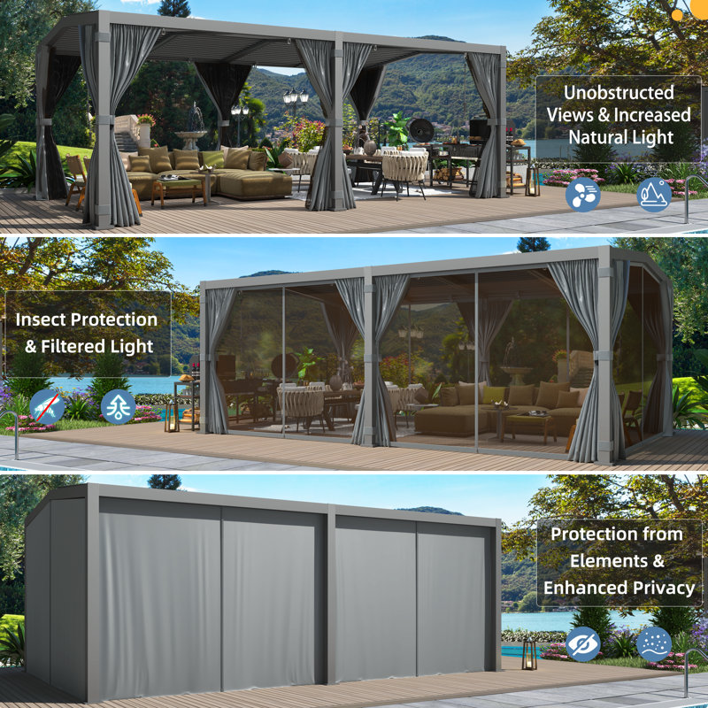 Dark Grey Aluminum 12x20 Louvered Pergola with Adjustable Roof and Curtains