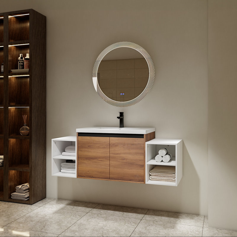 Meuble-lavabo mural avec lavabo en résine, deux tablettes de rangement et portes à fermeture en douceur, 54"