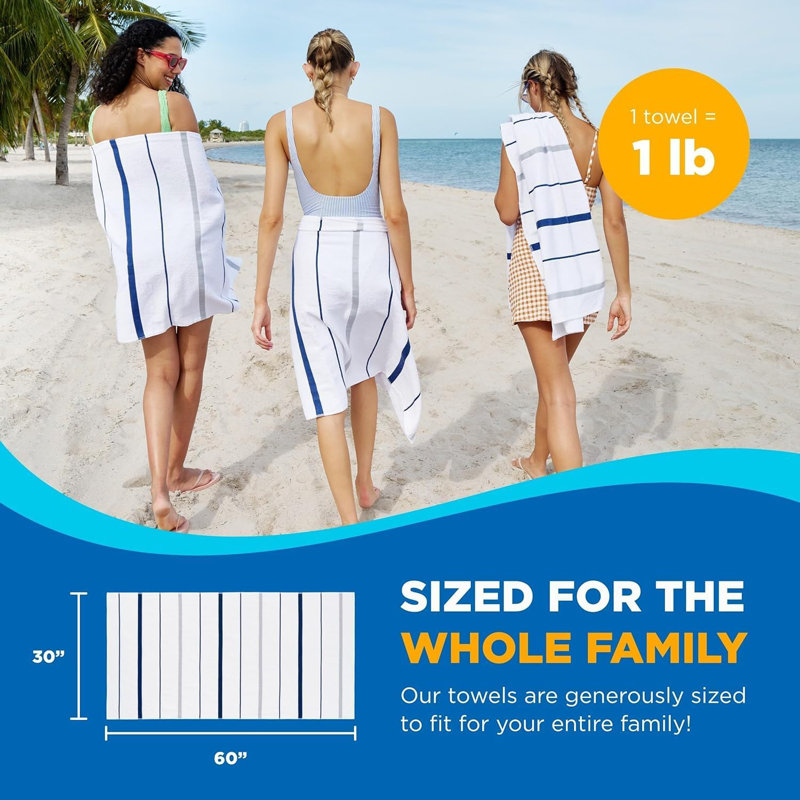 Serviettes de plage à rayures Carnmoon, serviettes de plage 100% coton 30 po x 60 po, Blanc / Bleu marine