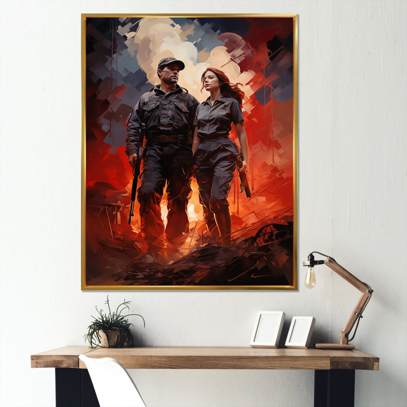 «Military Solider Couple», reproduction d'art sur toile, Cadre flottant doré, H 32 po x l 16 po x P 1 po