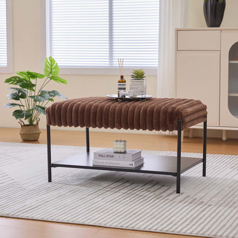Banc rembourré en fausse fourrure de 30,7 po avec tablette de rangement ouverte en bois, Brun