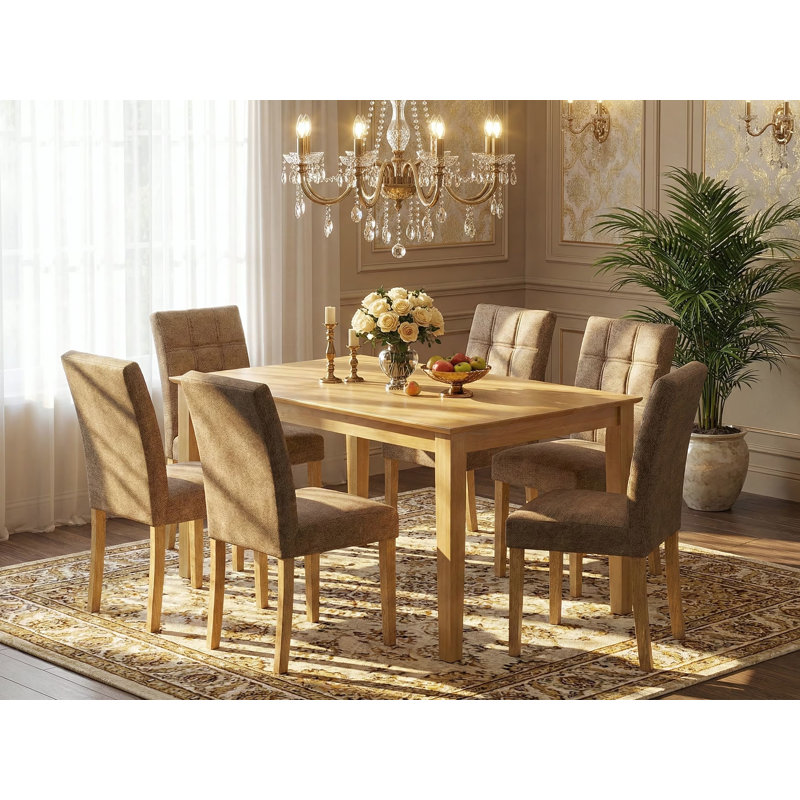 7 Piece Dining Room Table Set consists Mid Century Modern Dining Table and 6 Brown Textured Polyester Fabric Kitchen Chairs, Oak