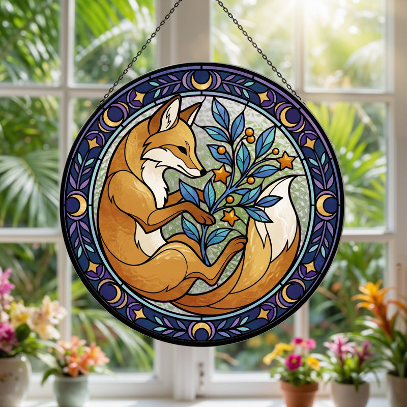 Fox Branch Stained Glass Window Panel，12"H, 12"H
