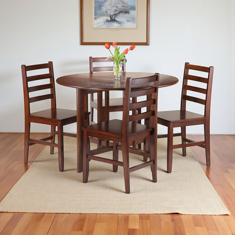 Chiang 5 Piece Drop Leaf Dining Set in Walnut Finish,  29.39" H X 41.78" W X 41.78" D, 5 Pieces: 1 Table, 4 Chairs