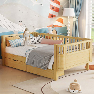 Lit plateforme double en bois breveté pour enfants avec barrières de sécurité
