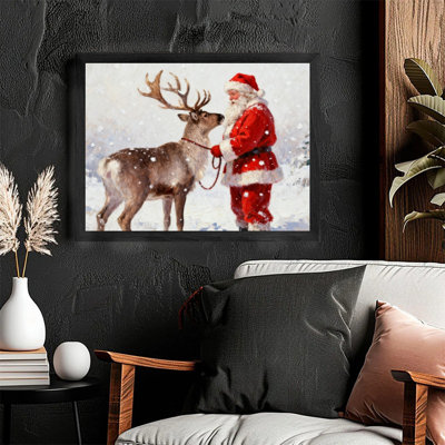 Black Framed Vintage Christmas Wall Art - Santa & Reindeer Festive Decor with Classic Oil Painting Aesthetic Framed Prints