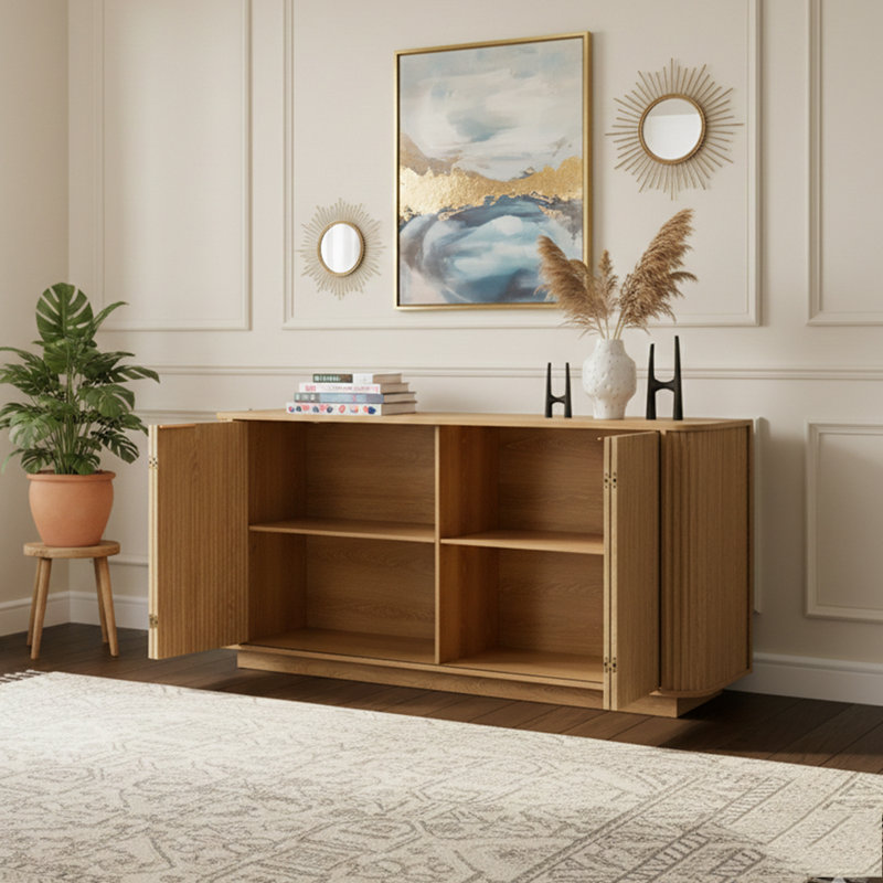 63"Wavy Storage Sideboard, Double-Door Buffet Cabinet with Adjustable Shelves, Natural