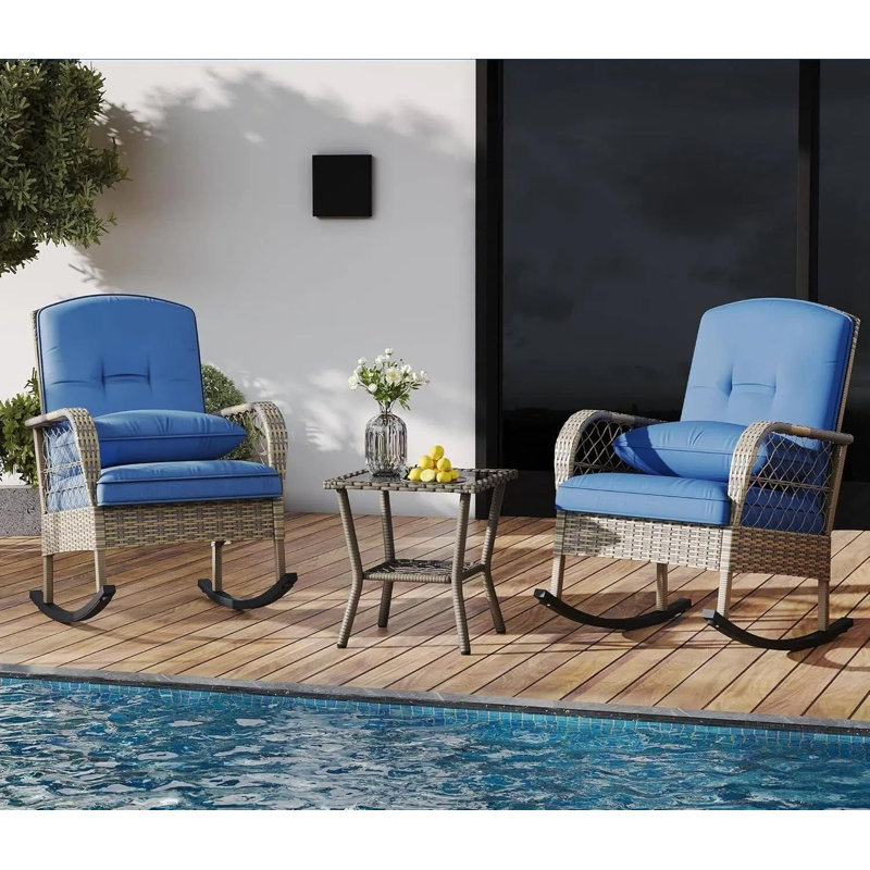 3-Piece PE Rattan Patio Rocking Chair Set, Bistro Set with Cushions & 5mm Tempered Glass Table, All-Weather Outdoor Furniture for Porch, Balcony, Garden