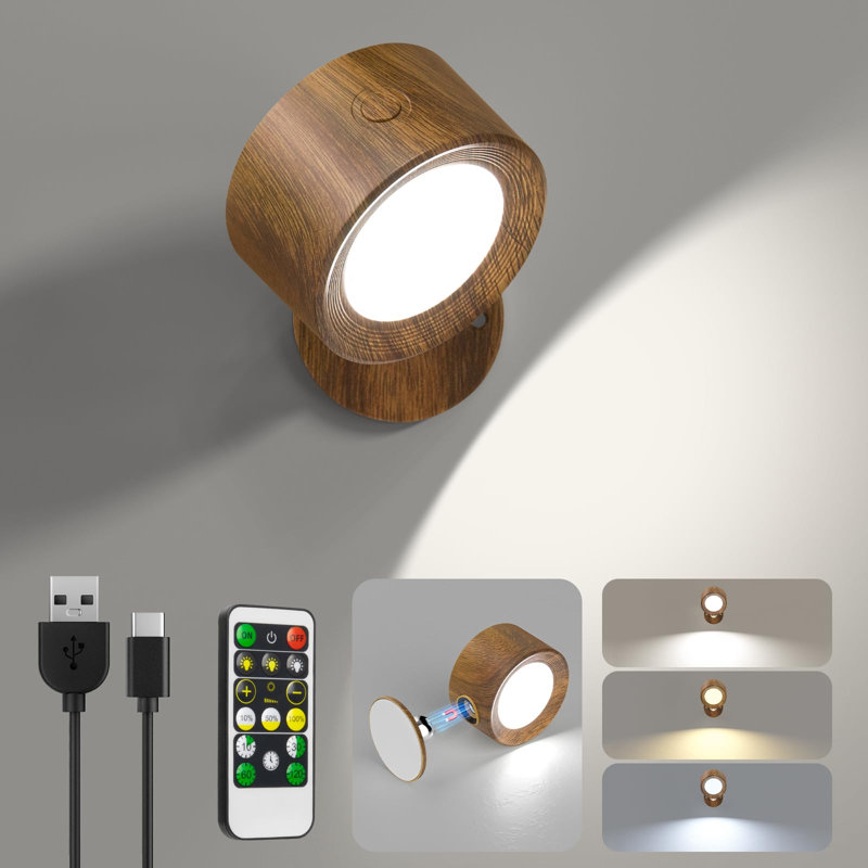  Appliques murales à DEL, appliques murales avec télécommande rechargeable à piles, 3 températures de couleur et lampe murale à intensité variable rotative à 360 ° pour le salon de la chambre à coucher (bois de noyer)