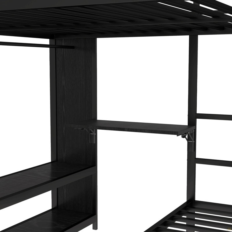 Queen Over Twin Bunk Bed With Built-In Wardrobe, Metal Bunk Bed With Trundle, Foldable Desk, Ladders, Queen Over Twin