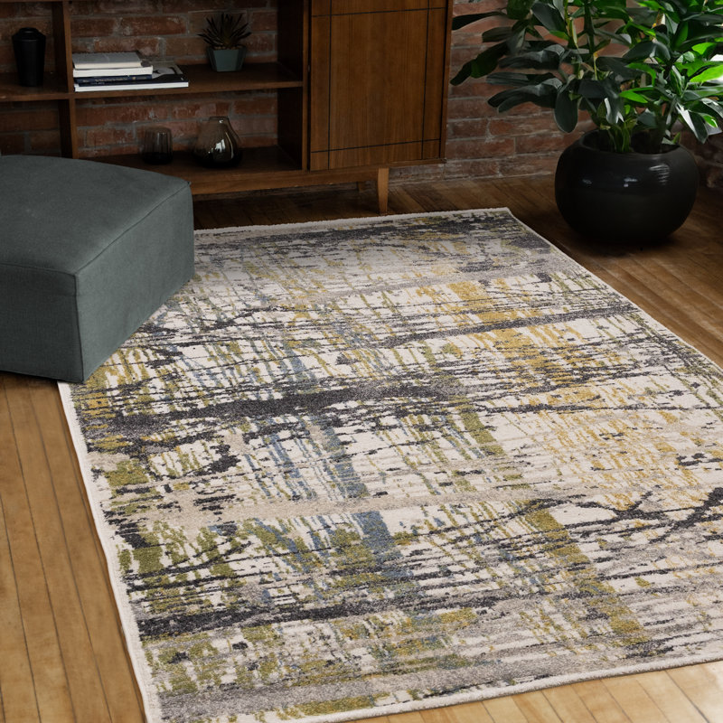 Tapis abstrait jaune et bleu Hoquiam, Rectangle 5 pi 3 po x 7 pi 7 po