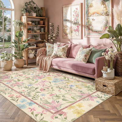 Tapis floral rose en polyester tissé à la machine Floral