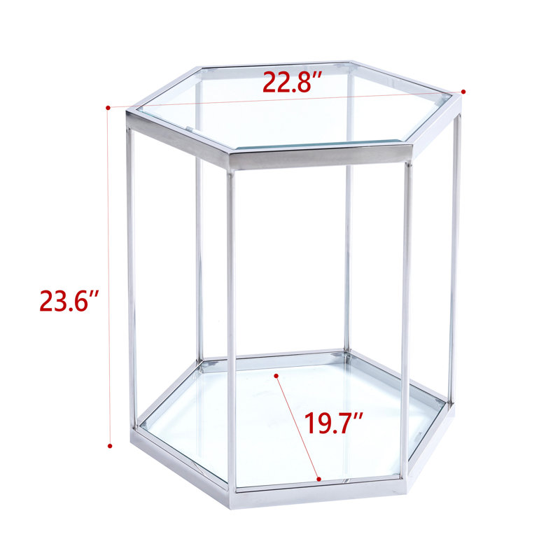 Table de bout en verre à finition argentée avec structure en acier inoxydable et rangement, fonctionnalité, espace et durabilité accrus - Facile à nettoyer efficacement, installation simple