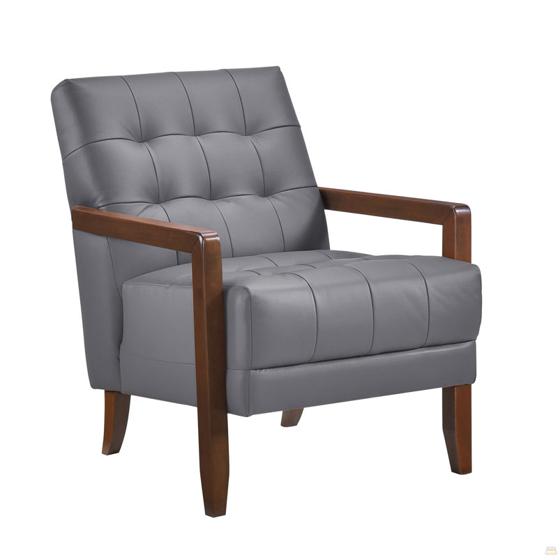 Chaise d'appoint de style moderne en cuir gris rembourré capitonné avec finition noyer, meubles en bois 1pc, Gris foncé