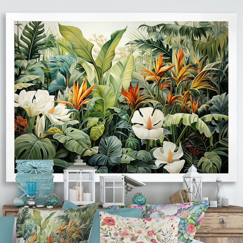 Décoration murale blanche botanique contemporaine Jungle Wonders - Plantes, Cadre simple blanc, H 24 po x l 32 po x P 1 po