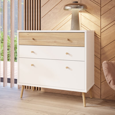 Mid-Century-Modern chest of drawers, EasyKlix by Forte quick assembly system, 3 drawers, tall feet, engineered wood, 89.8 cm W x 86.5 cm H x 41.5 cm D
