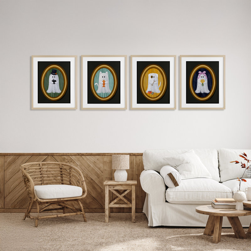 Halloween, fantômes et animaux de compagnie, ensemble de 4 impressions encadrées sous verre, design par Jennifer Stith