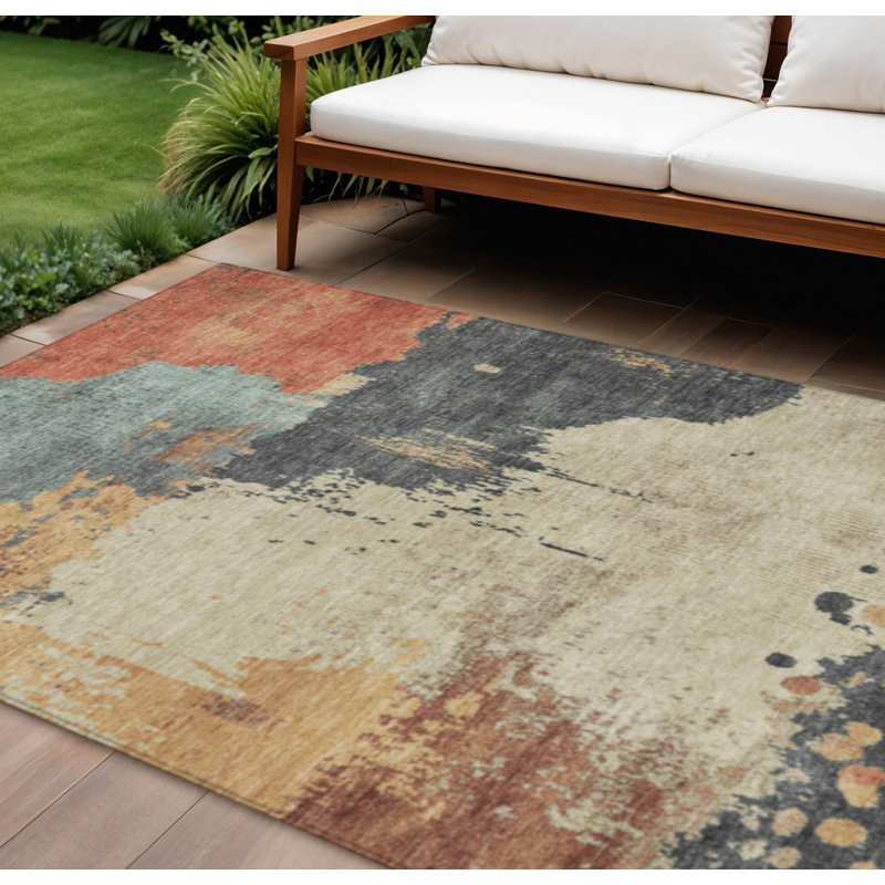 Tapis extérieur lavable abstrait beige et gris anthracite 8 pi x 10 pi