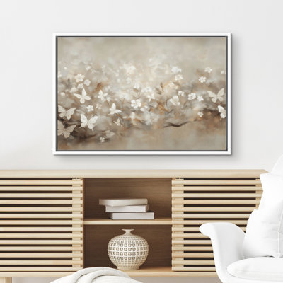 Neutral White Butterfly Meadow and Floral Field Framed Canvas Master Bedroom Wall Art Work Print