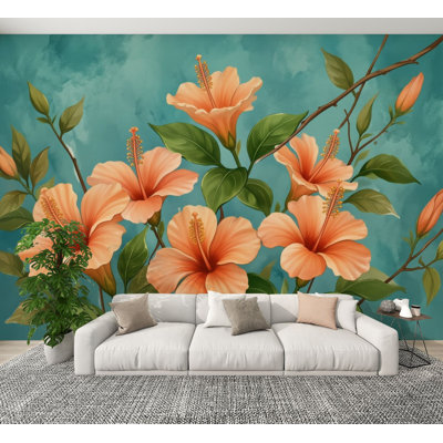 Papier peint adhésif pelez et collez, hibiscus hawaïen orange, fleurs tropicales, papier peint, H 100 po x l 144 po, papier peint amovible en PVC, adhésif mural pour chambre à coucher, bureau à domicile