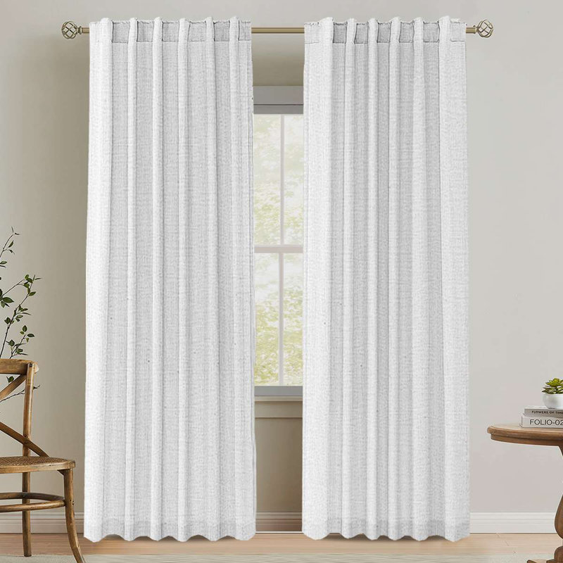 Linen Curtains for Living Room 2 Panels Back Tab Loop Pocket Textured Light Filtering Semi Sheer Rustic Farmhouse Boho Curtain for Bedroom , Heathered White