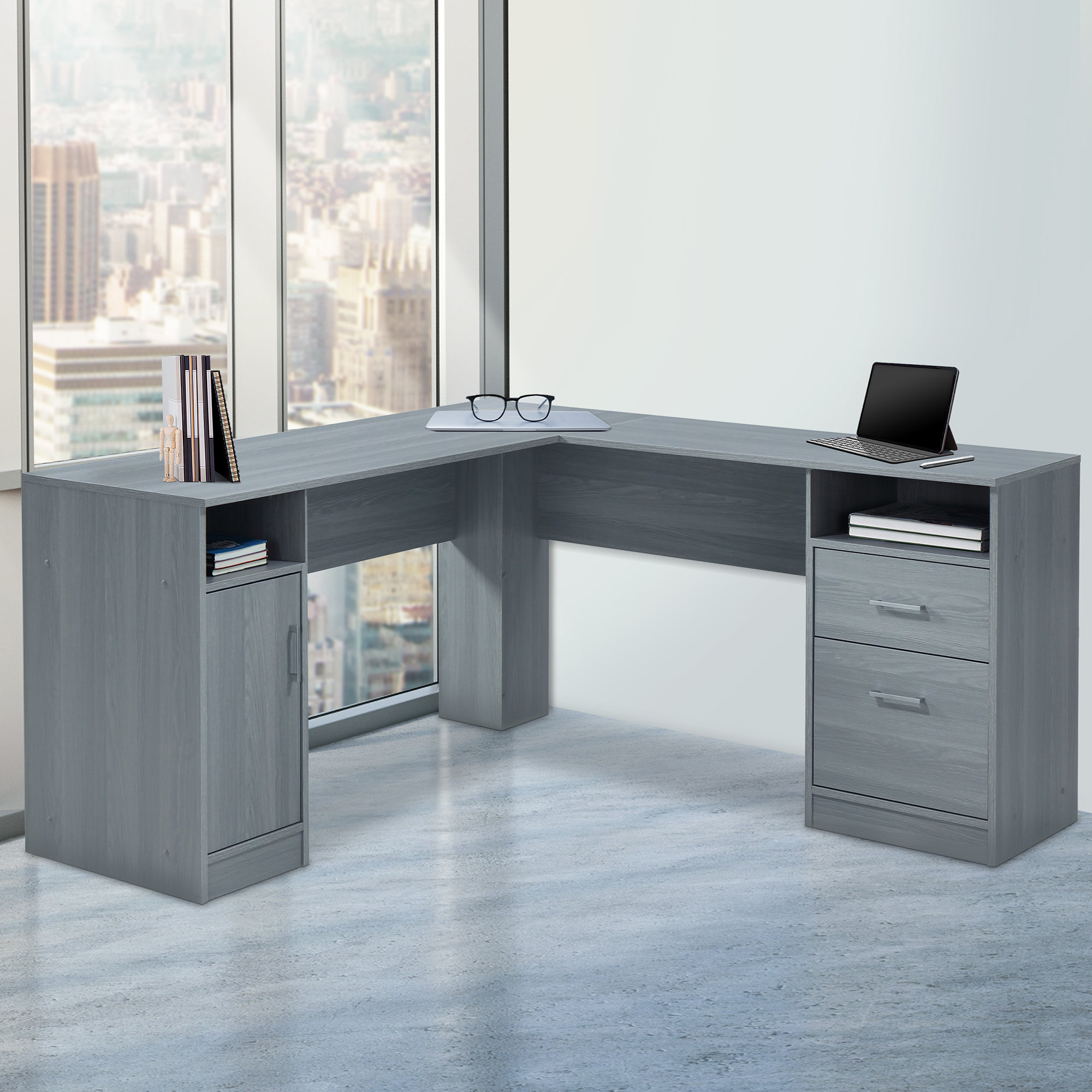 Latitude Run® Functional L-Shaped Desk With Storage, Grey - Wayfair Canada