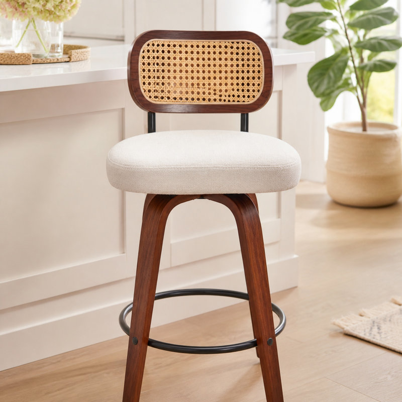 Tabouret de comptoir pivotant en bois massif de 26 po avec dossier en rotin beige (ensemble de 3), Beige, 3