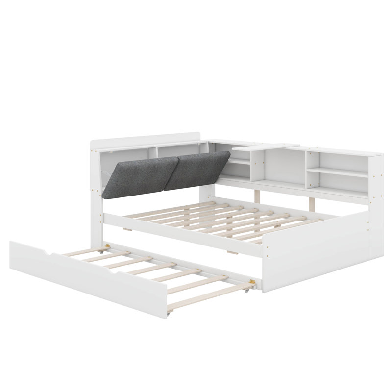 Lit plateforme double avec lit gigogne, tablettes et tête de lit, Blanc