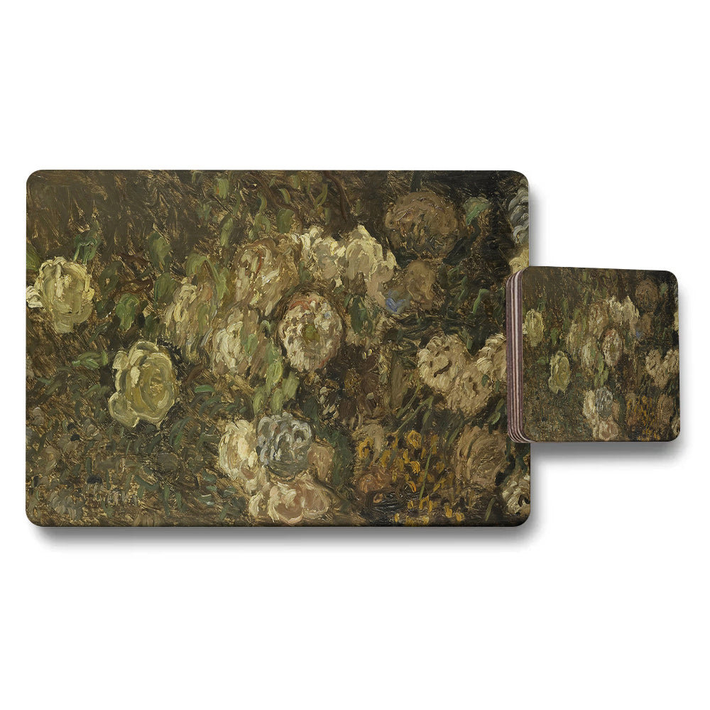 Impressionist Floral Placemat And Coaster Set With White Roses