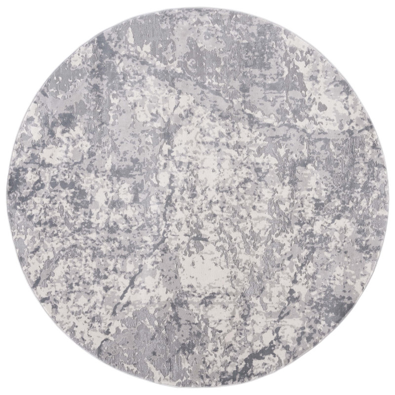 Tapis en polypropylène / polyester abstrait tissé à la machine en gris clair / gris, Rond 6 pi 7 po