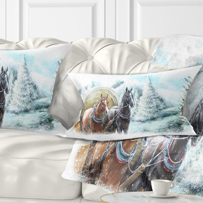 Landscape Printed Painted Scene with Horses in Winter Lumbar Pillow