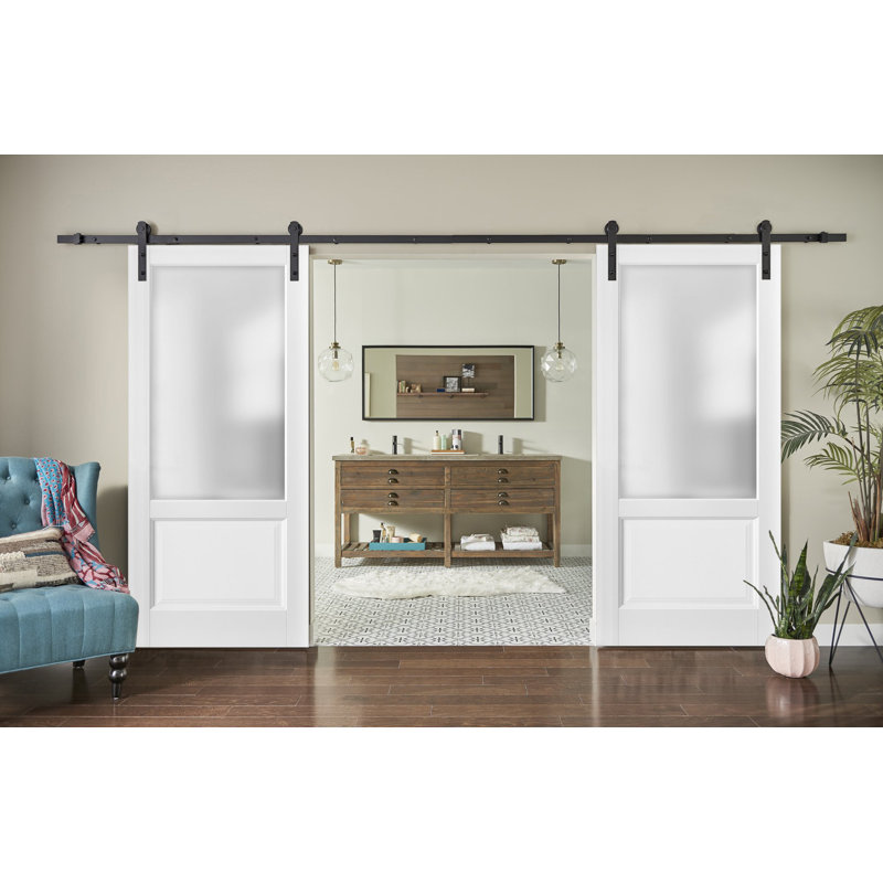 Portes de grange en verre givré blanc Lucia avec trousse de quincaillerie d'installation, 64 po x 84 po