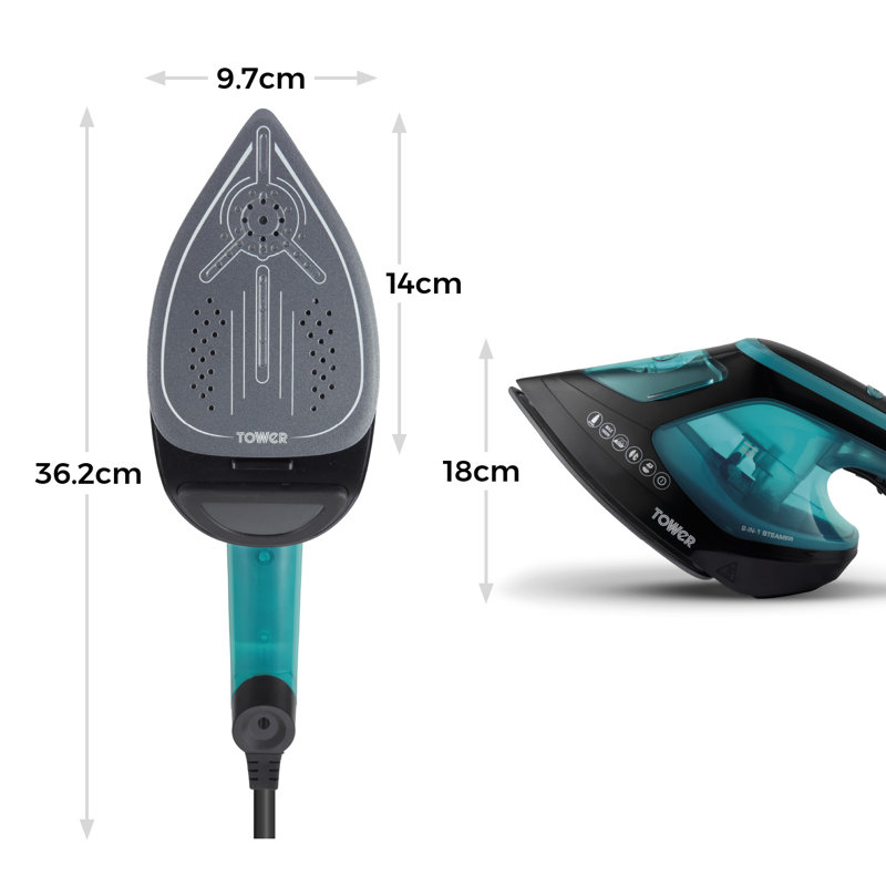 Tower T22031TL 2-in-1 Hand Garment Steamer with Iron Feature, Digital LED Display, One Temperature Technology, Double Soleplate, 25 Second Heat-up, Black and Teal
