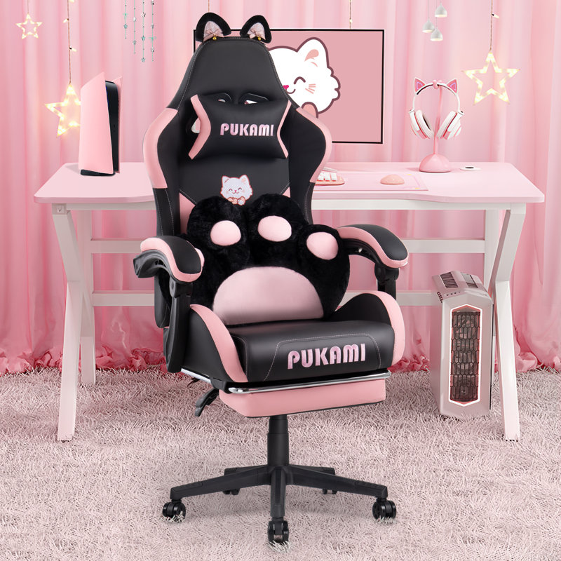 Ivy Bronx Gaming Chair With Cat Ears And Cat Paw Cushion Pillow,cute Computer Chair For Girl With Footrest, Black