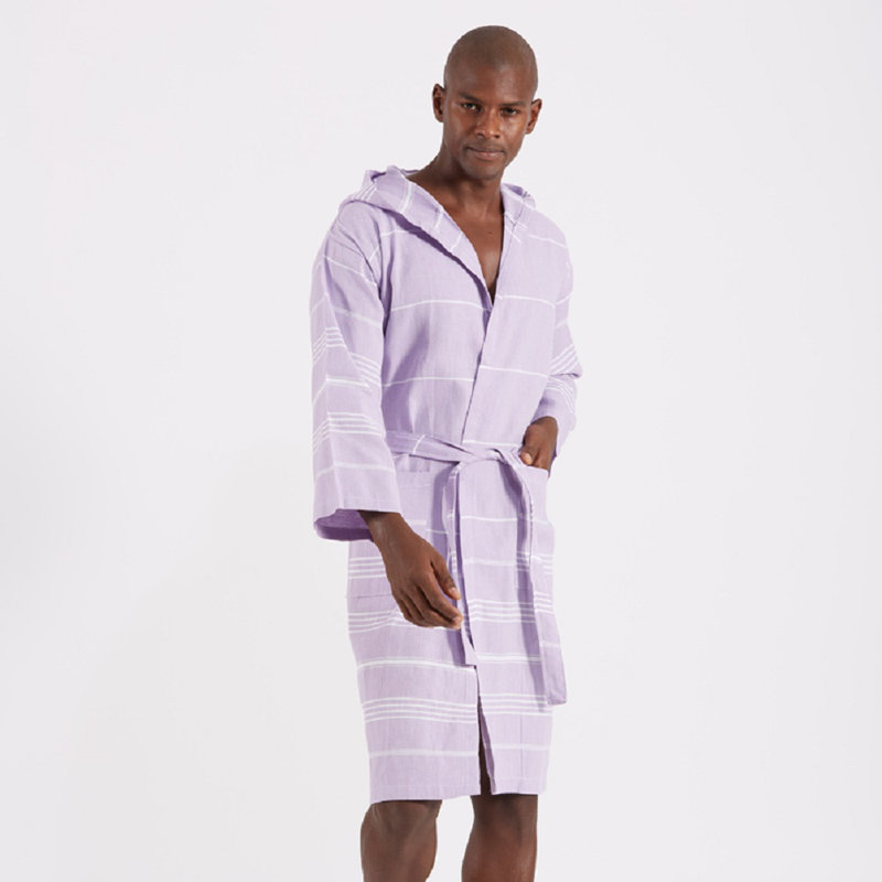 Cotton Gender Neutral Mid-Calf Bathrobe with Pockets and Hood, Lavender, Large / Extra Large