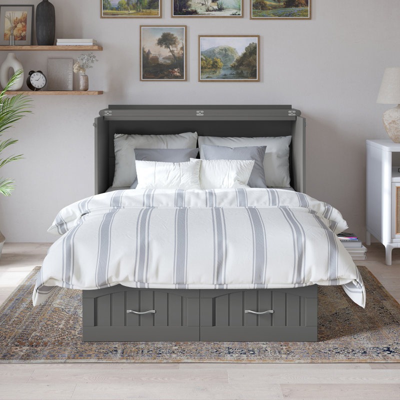 Kindig Murphy Bed Chest with 6" Mattress, Storage and Built-in Charger, Gray, Full