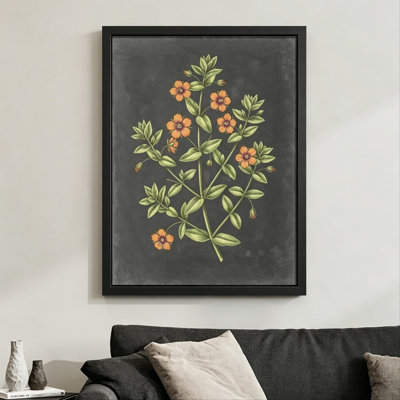 Fleurs orange modernes abstraites fleurissent sur des tiges vertes, style illustration botanique. Toile encadrée 24 "x 36" avec cadre en bois noir