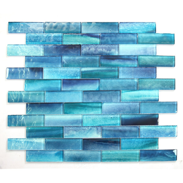 Gemstone Aquamarine 12 in. x 12 in. Glossy Texture Glass Blue Brick Subway Wall Tile