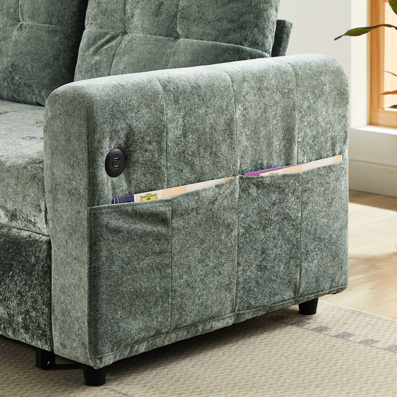 Lit escamotable de 58,82 po avec trois ports, réglable, deux coussins lombaires, - pour des espaces de vie élégants, peu encombrant, coussins coulissants en tissu d'ameublement en chenille, conversion facile, tissu doux