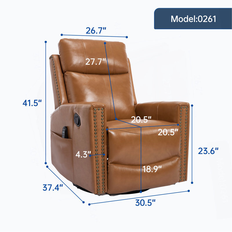 Gnuine Leather Heat Massage Manual Recliner Chair With Rocker And Swivel For Living Room, Orange