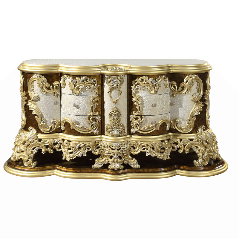 Commode large à 6 tiroirs et 2 portes Mara, or, bois brun Mara