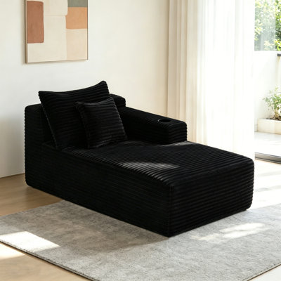 Chaise longue longue de 37,5 pouces avec velours noir moelleux, porte-gobelet, assorti et flexible, principalement pour le salon.
