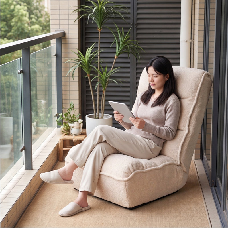 Chaise longue pliante de style japonais - Fauteuil inclinable réglable avec structure en métal, tissu doux, blanc