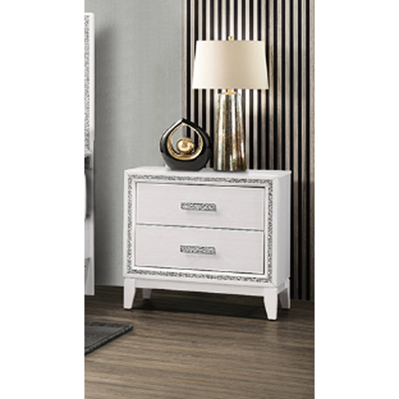 Table de chevet transitionnelle blanche avec 2 options de rangement spacieuses et poignée en cristal éblouissant