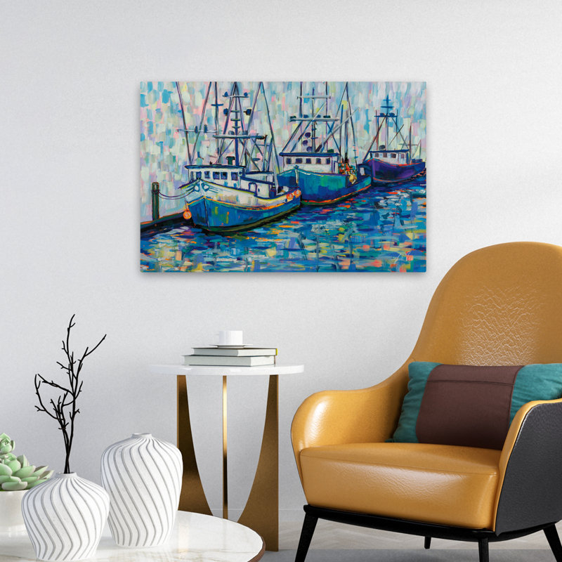 Bateaux dans le port V2 côtier; Nautique noir, bleu, gris, bateau turquoise, H 24 po x l 16 po