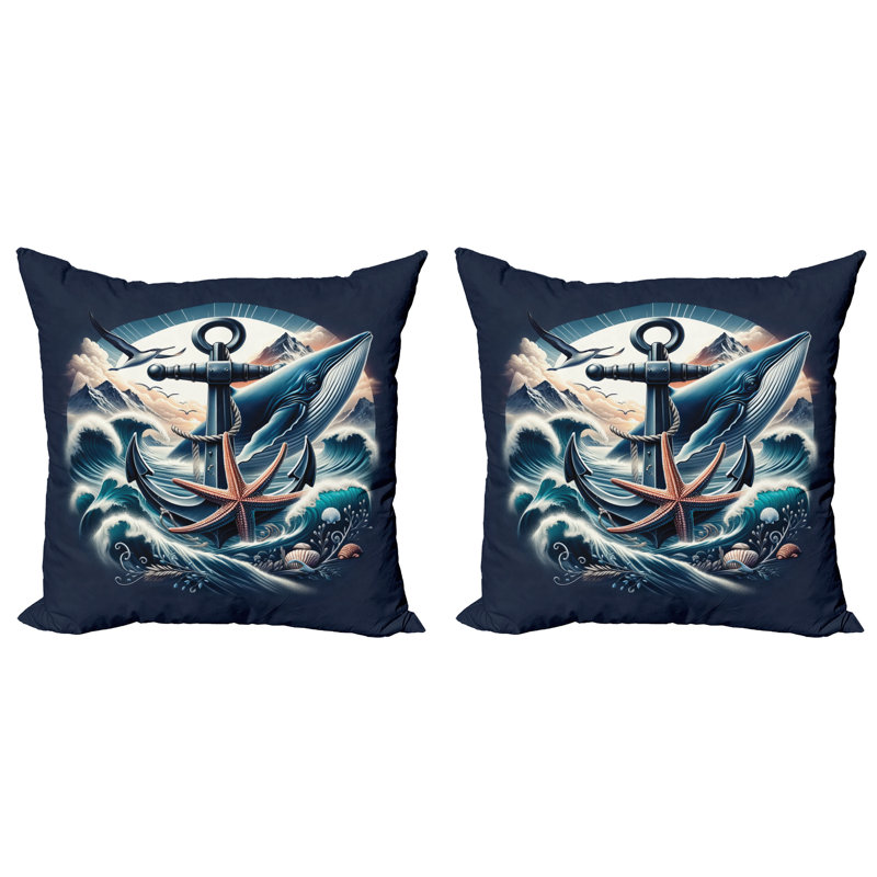 Nautical Indigo and Dark Salmon Microfiber Throw Pillow Covers, Set of 2