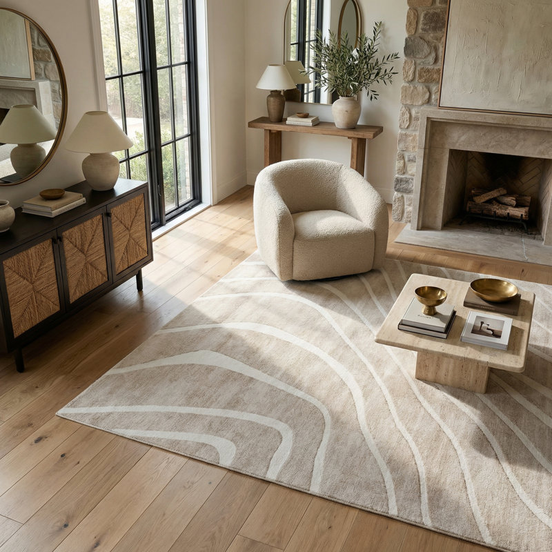 Tapis à lignes abstraites beige / crème 4 pi x 6 pi (3 pi 11 po x 5 pi 10 po) Branch Branch Dune, tapis contemporain, à poils moyens et résistant aux taches