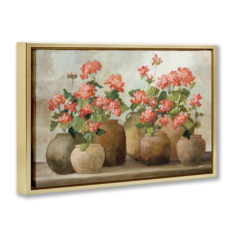 «Pink Cottage Geraniums», toile flottante encadrée par Julia Purinton, Cadre flottant métallique doré, H 21 po x l 31 po