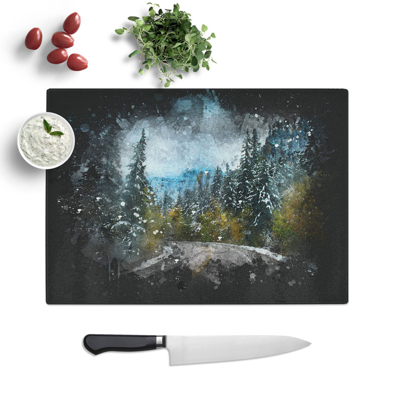 Tempered Glass Winter Forest Road Paint Splash Chopping Board, 28.5 cm x 39 cm