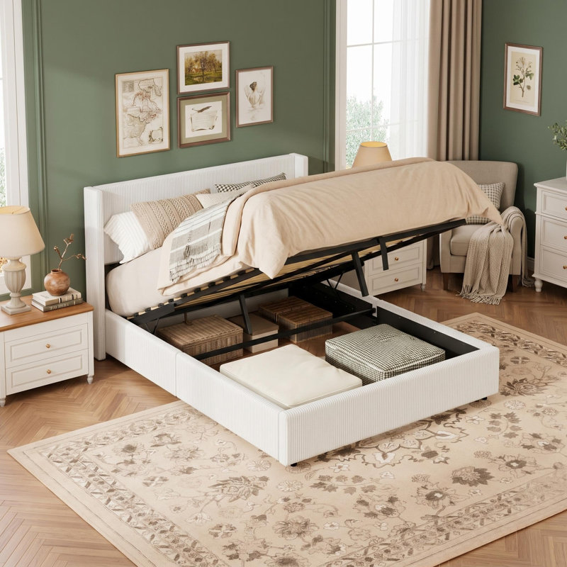 Queen Size Bed Frame with Lift Up Storage, Corduroy Upholstered Platform Bed with Wingback Headboard, Solid Wooden Slats, No Box Spring Needed, Hydraulic Support, White